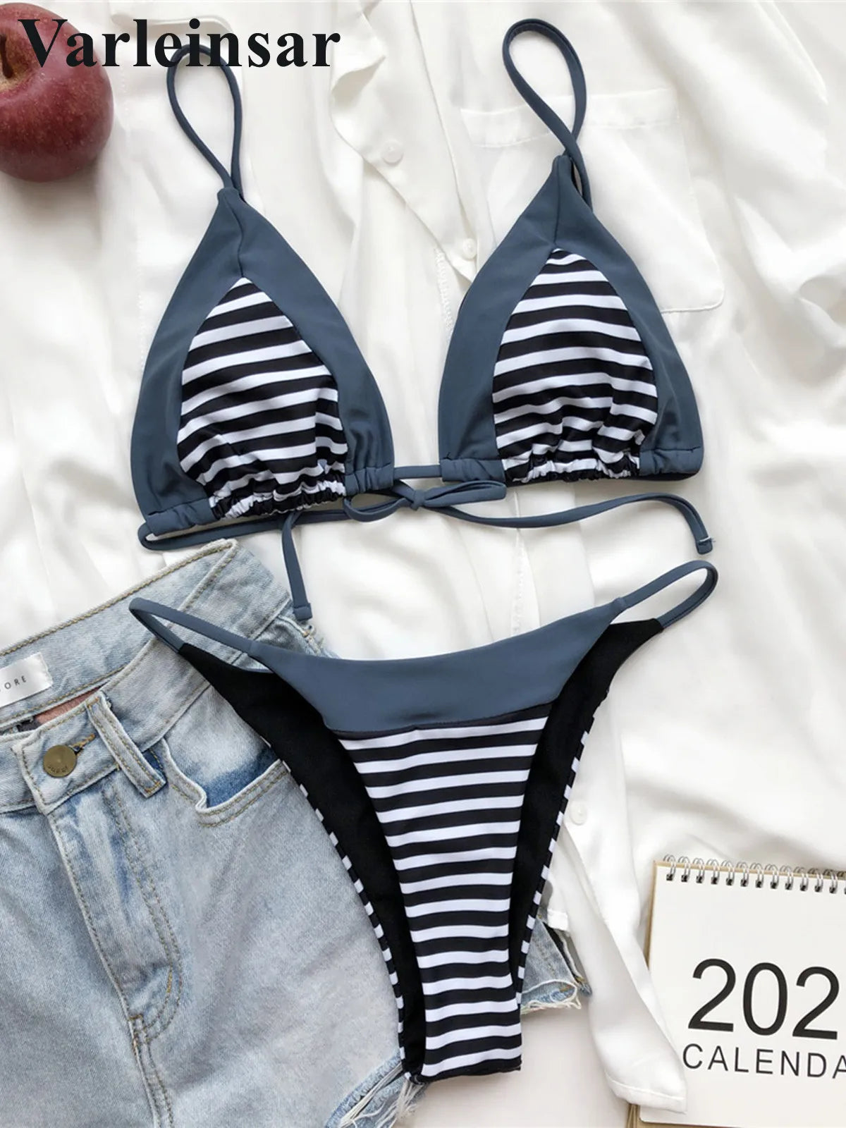 Sexy Splicing Striped Bikini Female Swimsuit Women Swimwear Two-Pieces Bikini Set High Cut Bather Bathing Suit Swim Lady V3199