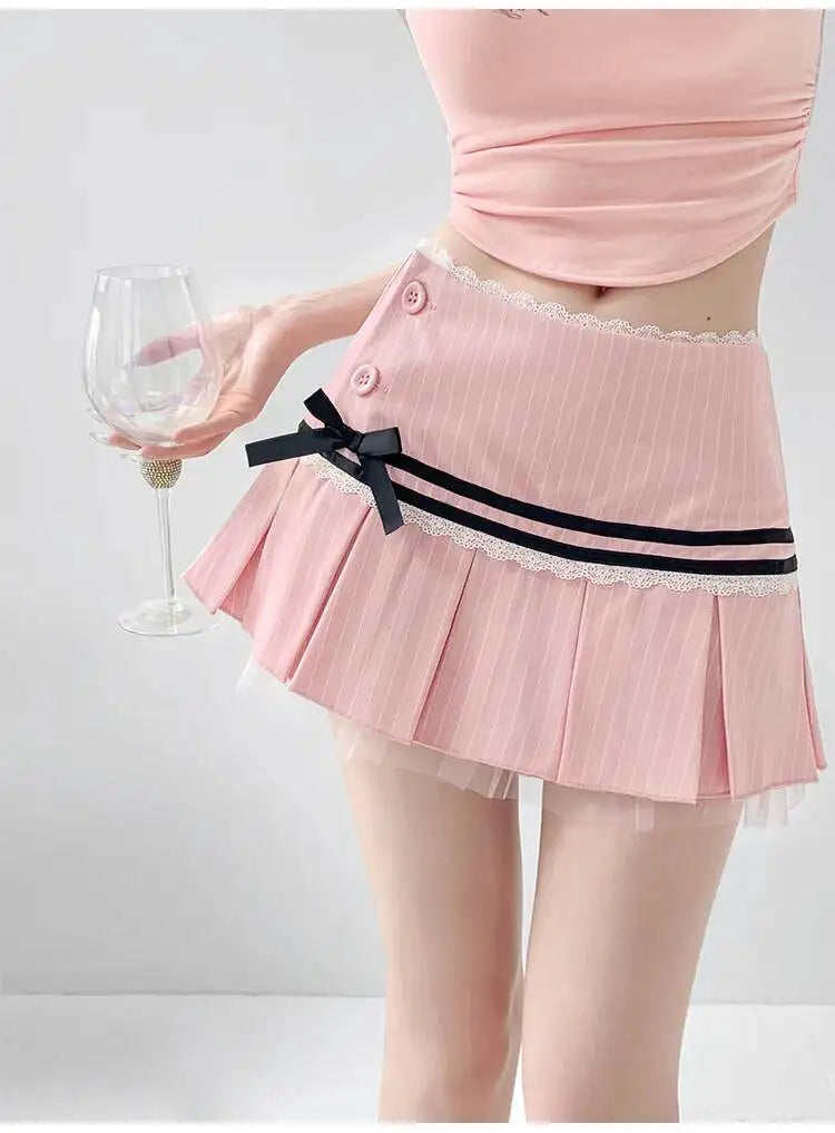 Striped Contrasting Color Bow Lace Splicing Pleated Skirt Women 2026 Summer American Style Low Waist  A-line Short Skirt UBFK