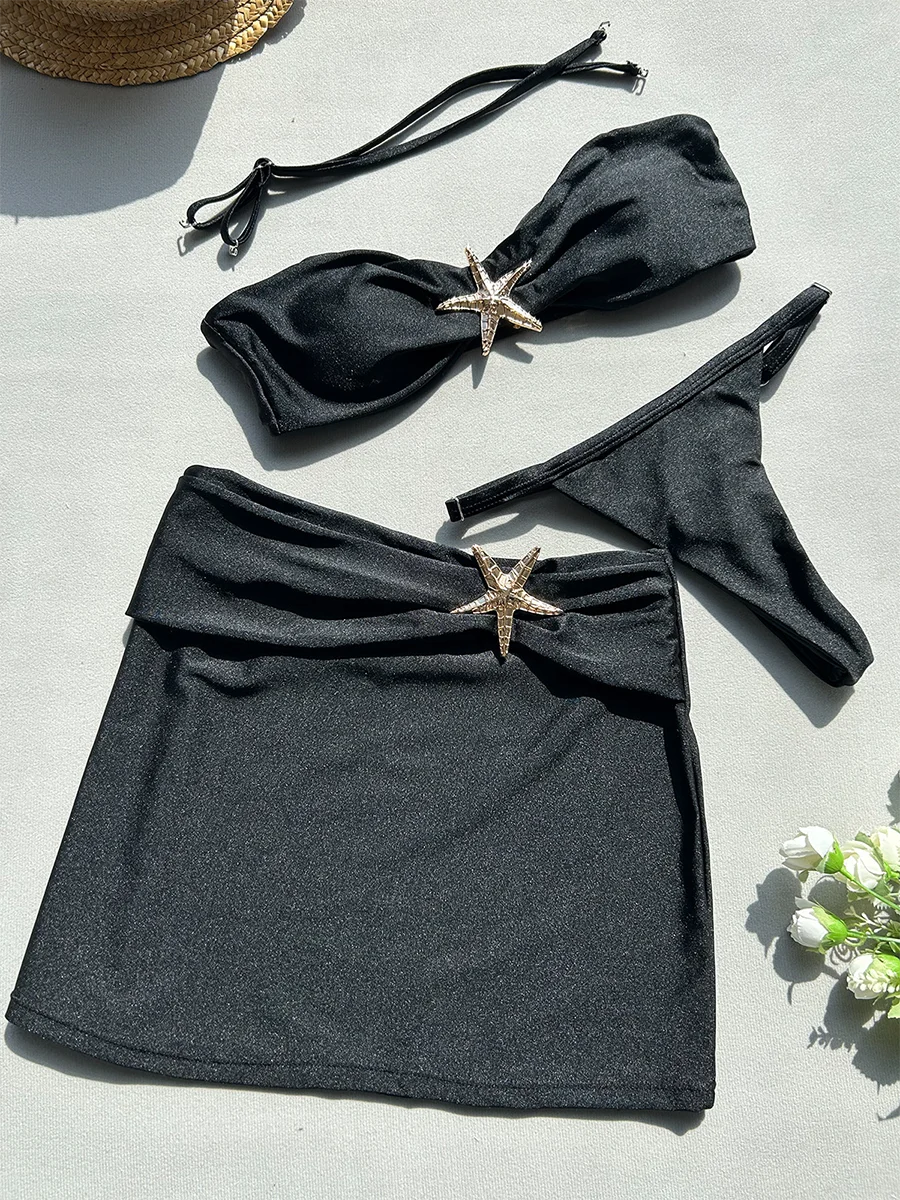 3 Pieces Starfish Thong Bikinis 2026 Solid Swimwear Female Sexy Solid Swimsuit Women & Beach Skirt Bathing Swimming Swim Suit