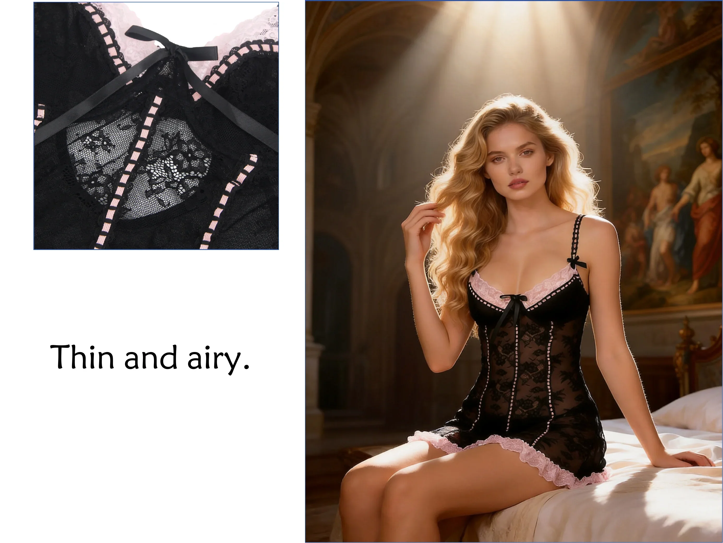 Pink Sexy Lace Ruffled Suspender Nightdress for Women Babydoll Lingerie Push Up Chemise Sleepwear