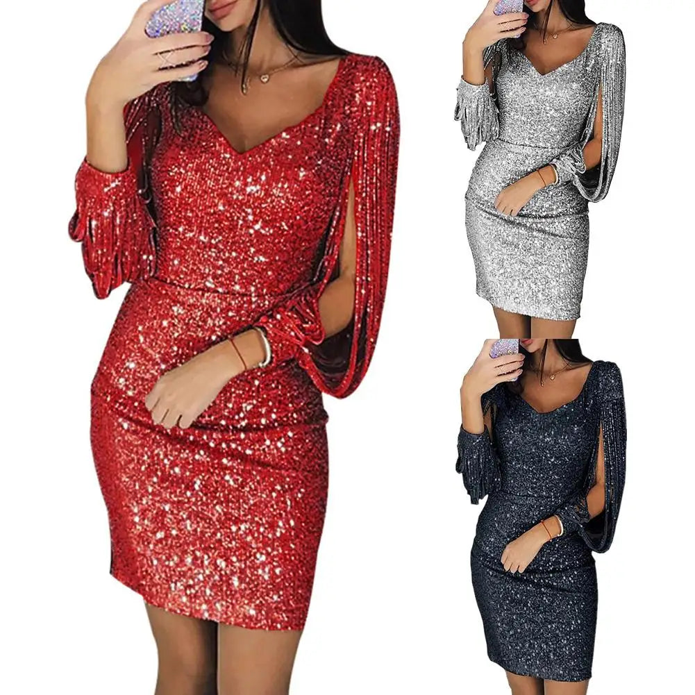 Bodycon Mini Dress Gown Mini Dress 2025 Party Dress Women Glitter V Neck Hollow Out Tassel Long Sleeve