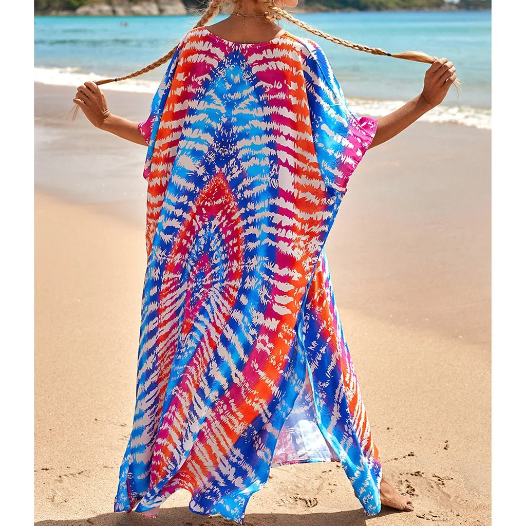 2026 New Colorful Kaftan Tunic Beach Dress Beach Wear Beachwear Beach Cover Up Cover-upsLoose Maxi Dress Female Women V4428