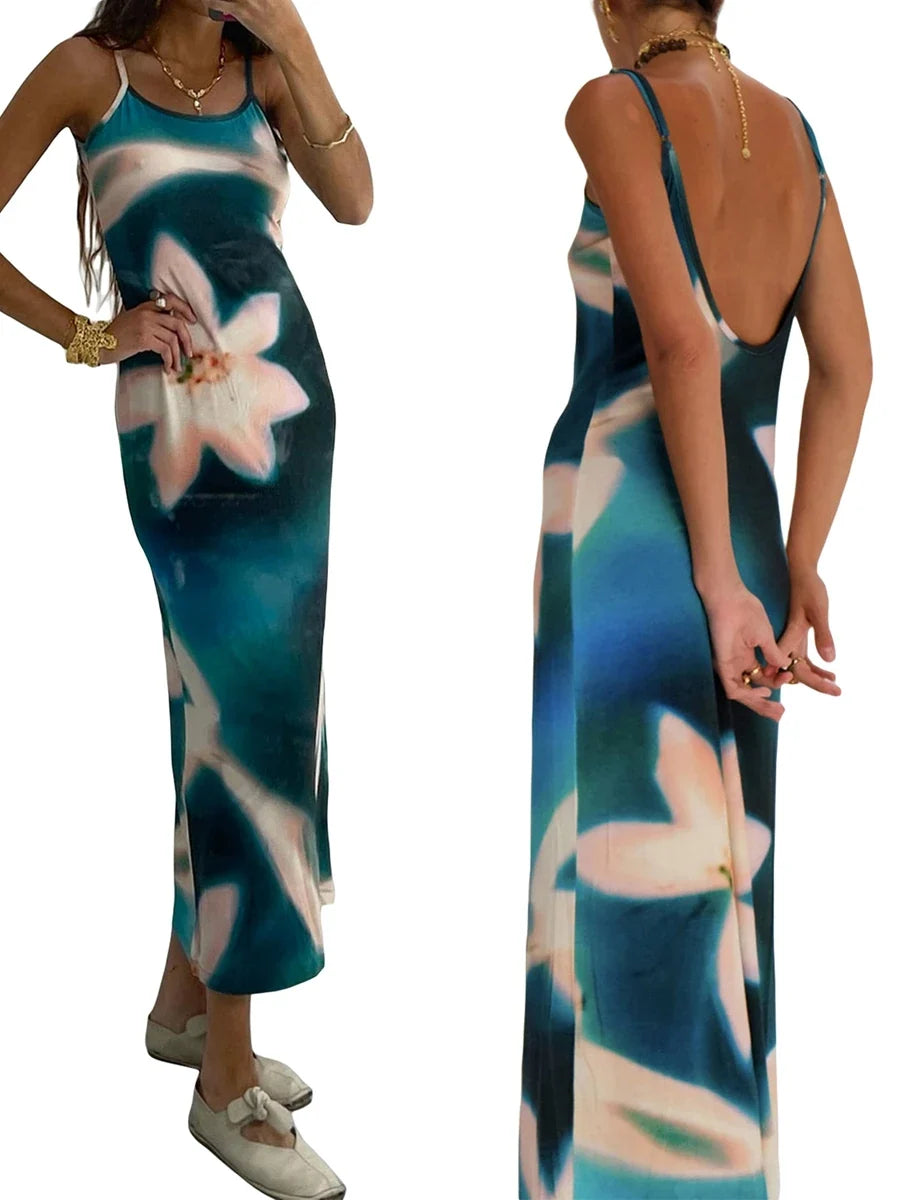 Summer Tie-Dye Floral Print Backless Party Dress Women Sleeveless Spaghetti Strap Sexy Bodycon Dress for Vacation Cocktail Beach