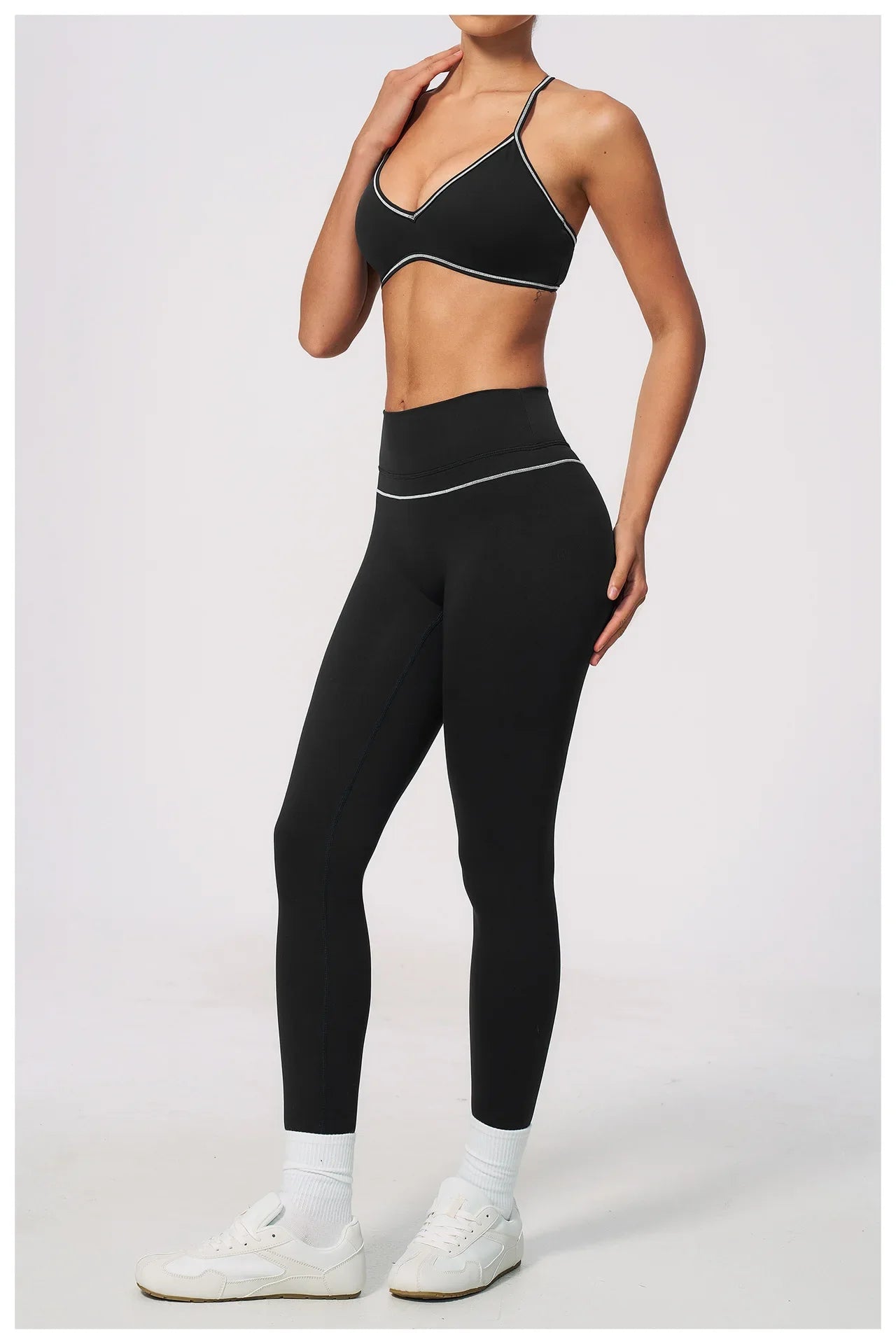 New Yoga Suit Women Color Blocked V-neck I Shape Sports Bra Fitness Clothes Summer Tight Running High Waist Leggings Tracksuit