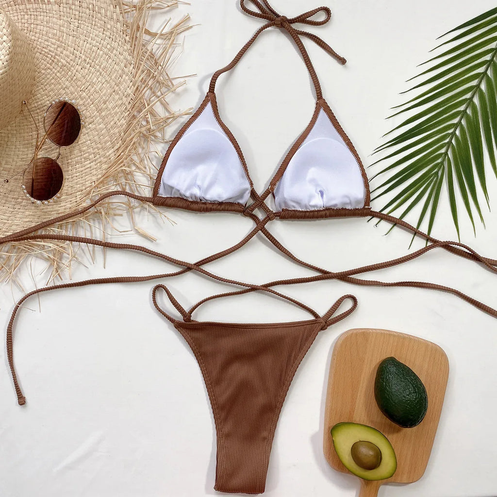 4 Colors Sexy Bikini Women Cross Straps Halter Swimwear Swimsuit Bikinis Set Bathing Suit Beach Bikini Female Biquinis Feminino