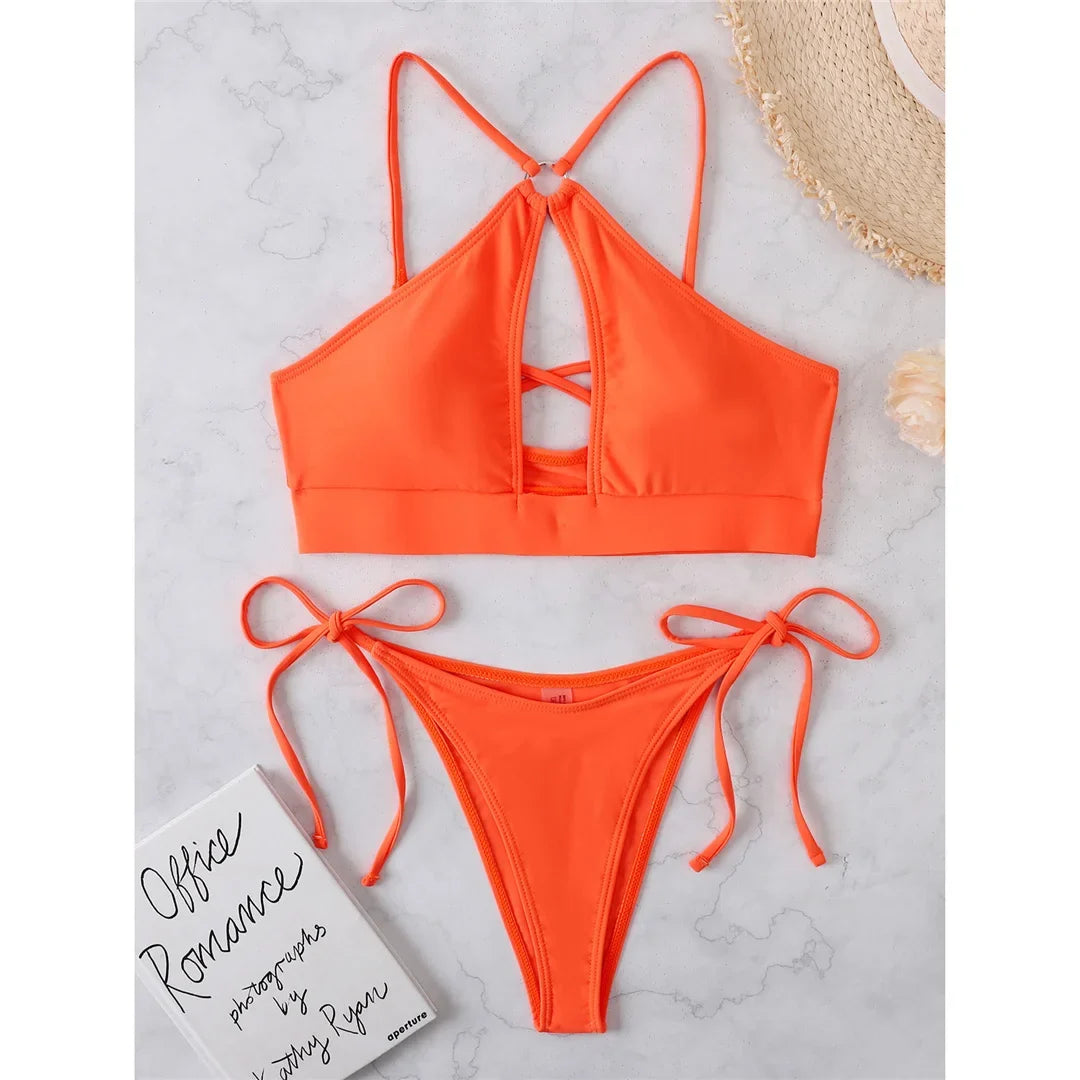Cut Out Halter Bikini Female Swimsuit Women Swimwear Two-Pieces Bikini Set Padded Strappy Bather Bathing Suit Swim Lady V3423