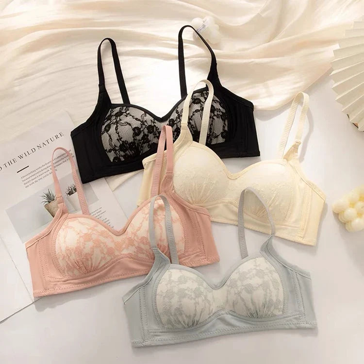 Summer Lace Half Cup Bra Small Bust Beachwear Gathering Light Support Pure Bralette Ultra Thin Wirefree Set AU MOYISU S-XL-32-38