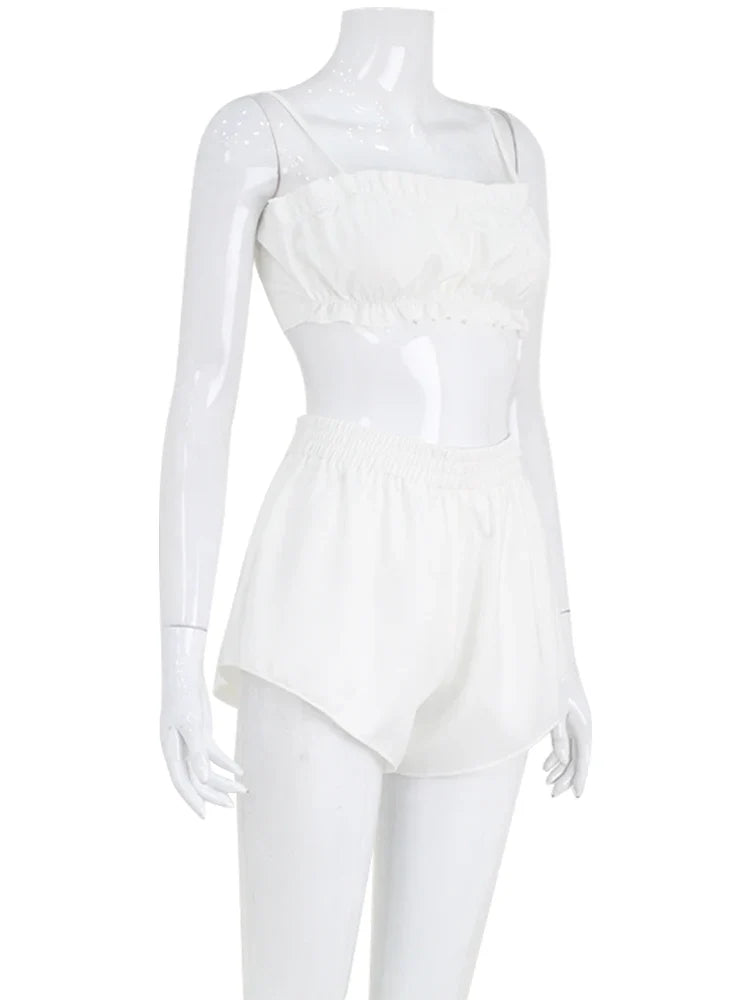 Ahagaga Fashion Sexy Solid Tracksuits Women Sleepwear Camisole Casual Bandage Slim Fit Skinny 2 pieces Suit Sets (Tops+ Shorts)