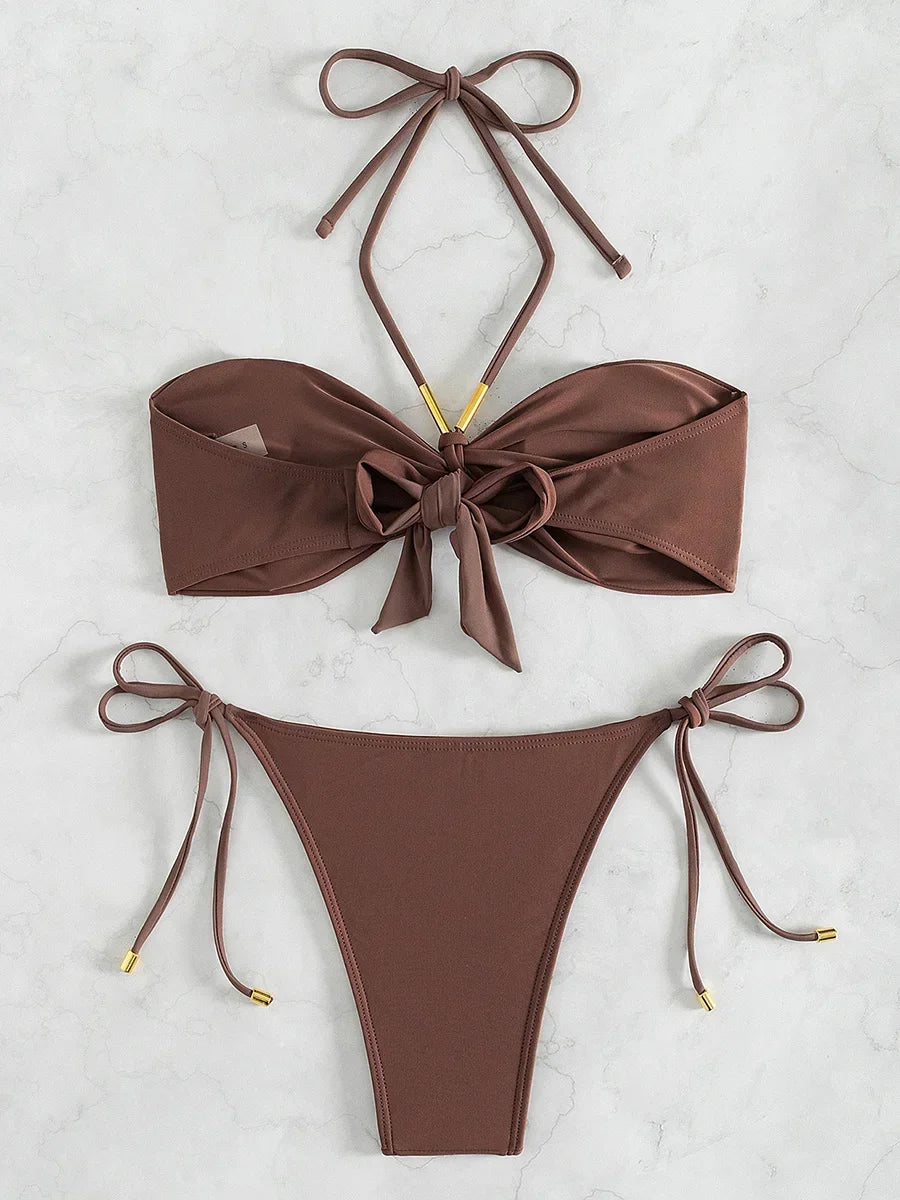 XS - L Halter Wrinkled Bandeau Bikini Women Swimsuit Female Swimwear Two-pieces Bikini Set High Leg Cut Bather Bathing Suit Swim
