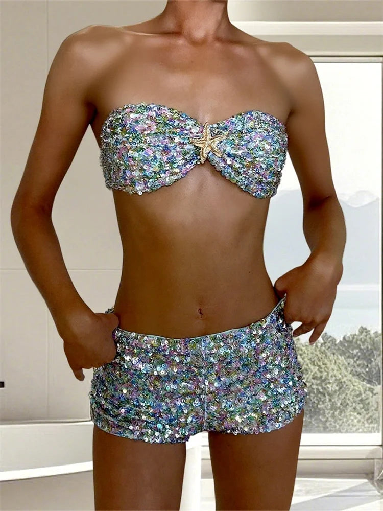 Women's Sequined Outfit Strapless Bra Tops and Slim Fit Shorts 2 Pcs Set for Spring Summer