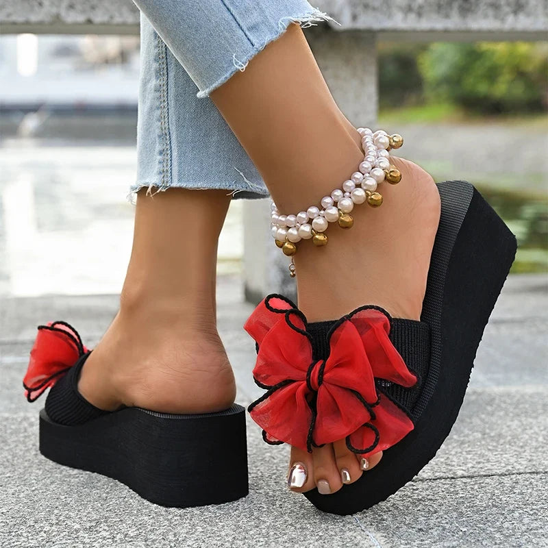 2026 Summer Big Bowknot Platform Slippers Women Plus Size 42 Open Toe Wedges Sandals Woman Lightweight Casual Beach Flip Flops