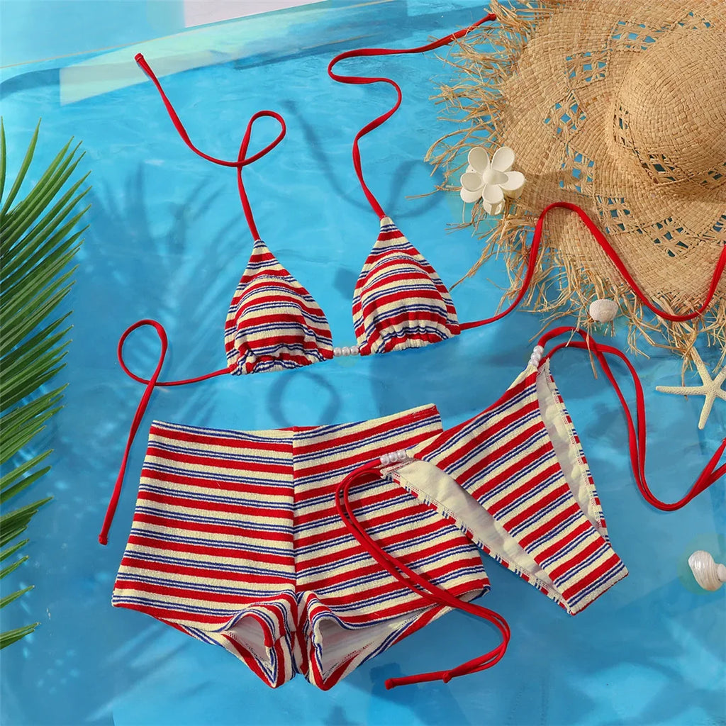 S - XL With Shorts Striped Halter Bikini Women Swimwear Female Swimsuit Three-pieces Bikini set Bather Bathing Suit Swim V8130