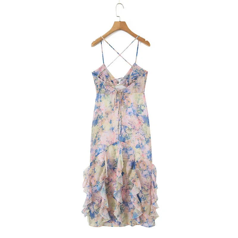 Sexy Backless Cross-strap Dress Elegant For Women With Stylish Design Ruffle Trim Slim Fit Fairy-style Beach Dress Charming FD1T