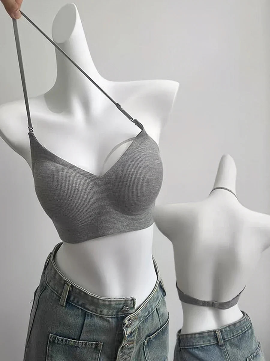 Japan Style Seamless V-Neck Halter Bra Small Bust Petite Straps Open Back Sexy Underwear Women One Piece Comfort Fit Daily Wear