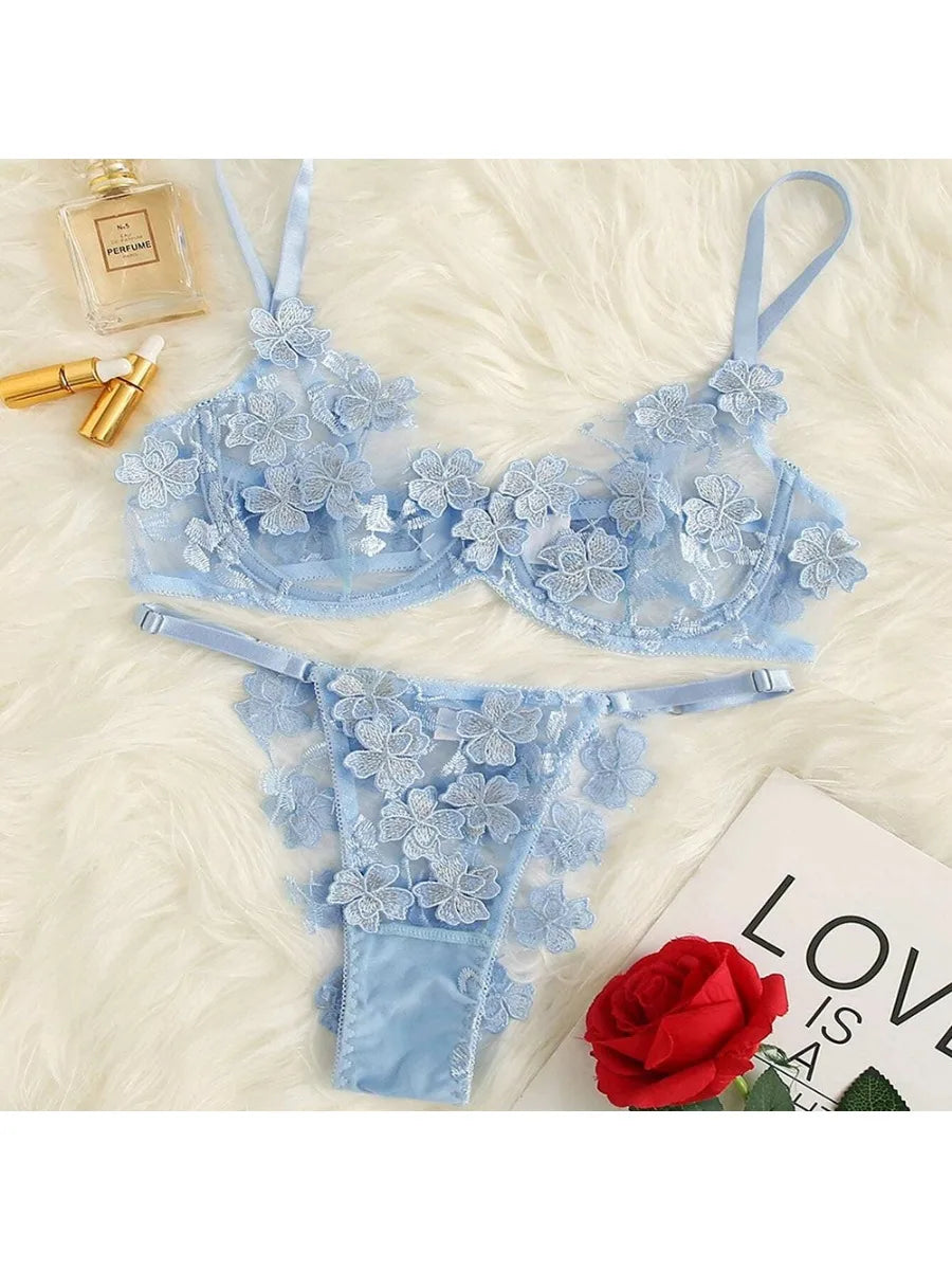 Toucheart Sexy Lingerie Set Transparent Feminine Sweet Mesh Embroidered Lace Bra Flower Applique Transparent Lingerie Women Kit