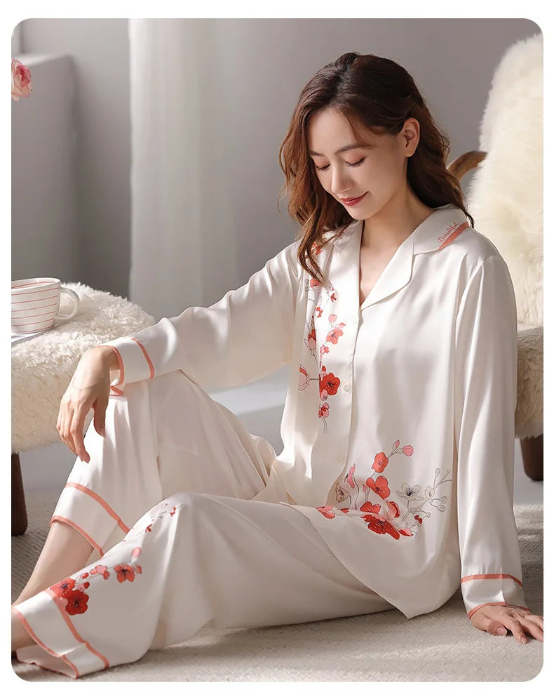 Mother's Day gifts for spring and summer high-quality pajamas, plum blossom white ice silk pajamas, women's summer home wear