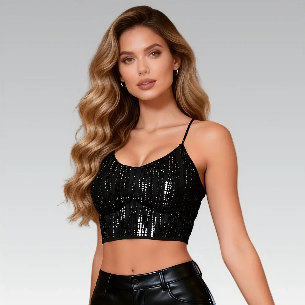 Black Rhinestone Camisole for Women Sexy Slim Fit Seamless Backless Short Top Night Out Clubwear