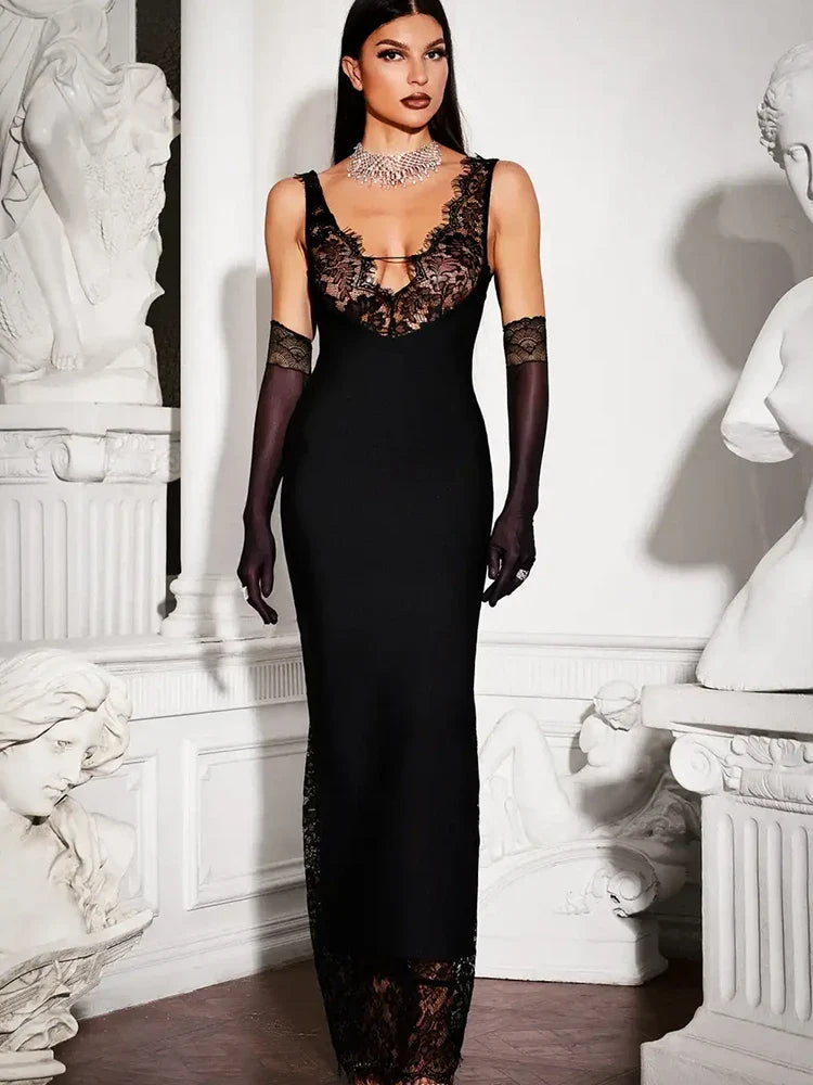Ahagaga Lace Women's Party Maxi Dresses Solid Skinny V-Neck See Through Camisole Blackless Bodycon Sleeveless Vestidos Robes