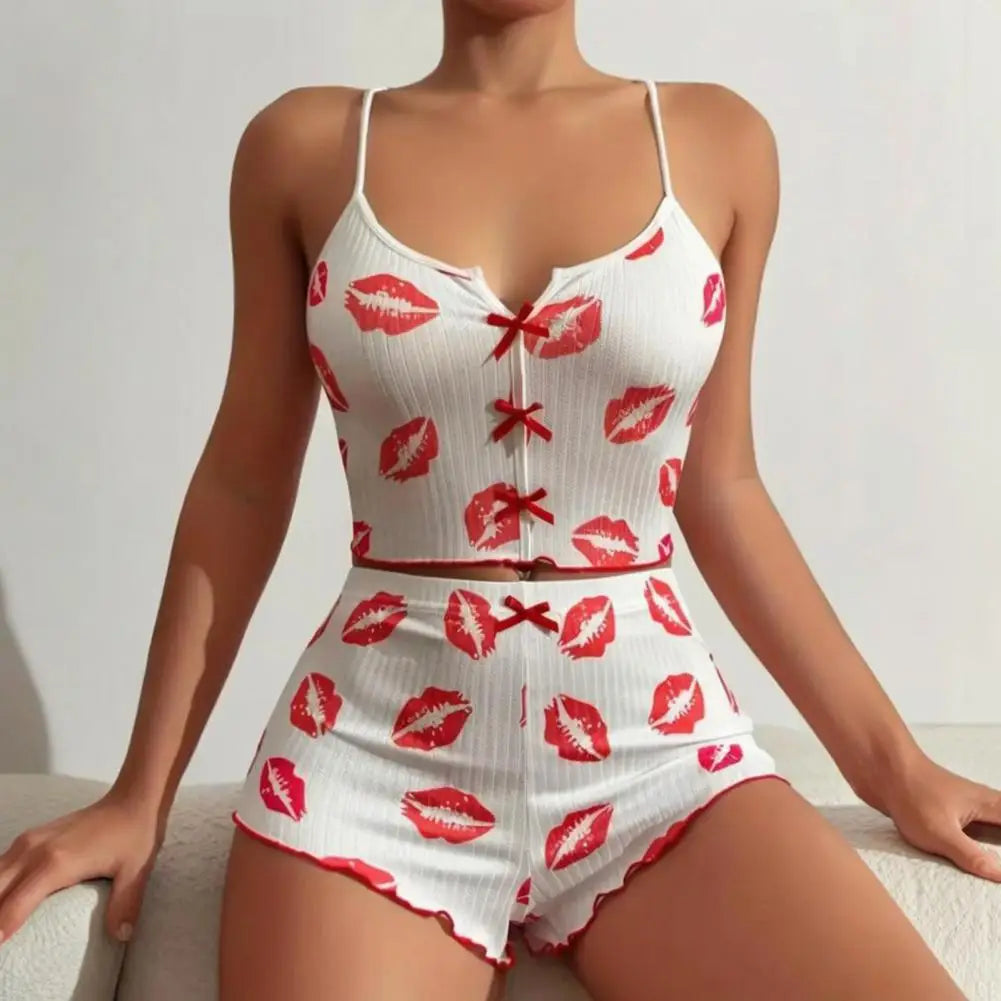 2 Pcs/Set Summer Women Pajamas Set Butterfly Heart Printing Sleeveless Backless Cop Top High Waist Shorts Sleepwear For Sleeping