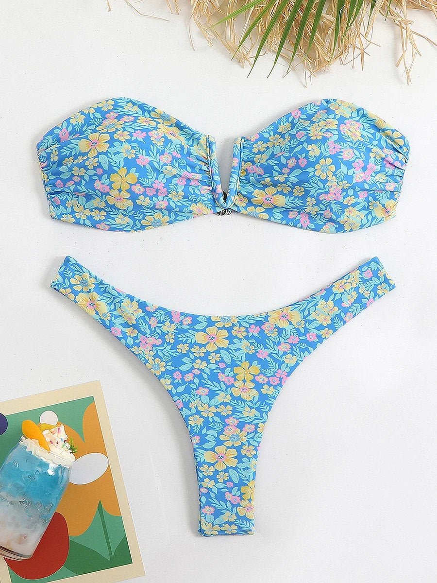 Floral Bandeau Thong Bikini 2025 Sexy Swimsuit Women Brazilian Swimwear Female Bathers Bathing Swimming Swim Suit Beachwear