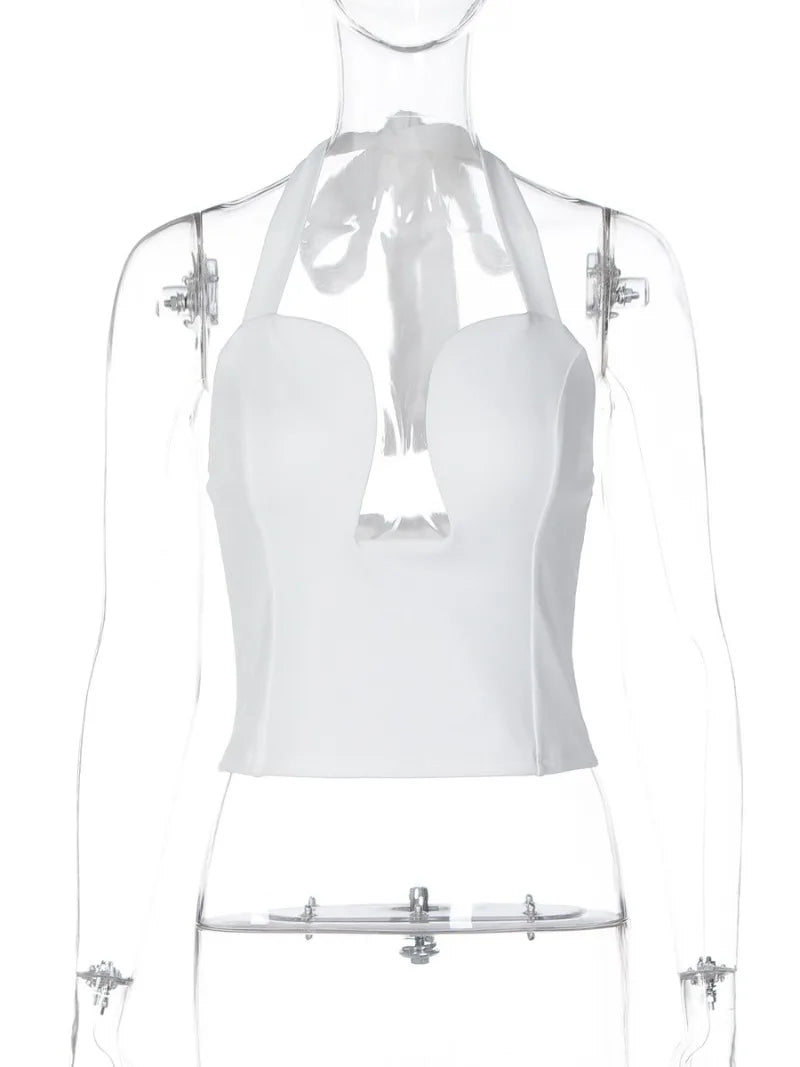 FDYOUI Sexy Hollow Out Corset Tops for Women Halter Backless Bandage Skinny Camisoles Lady White Black Cropped T-shirt Clubwear