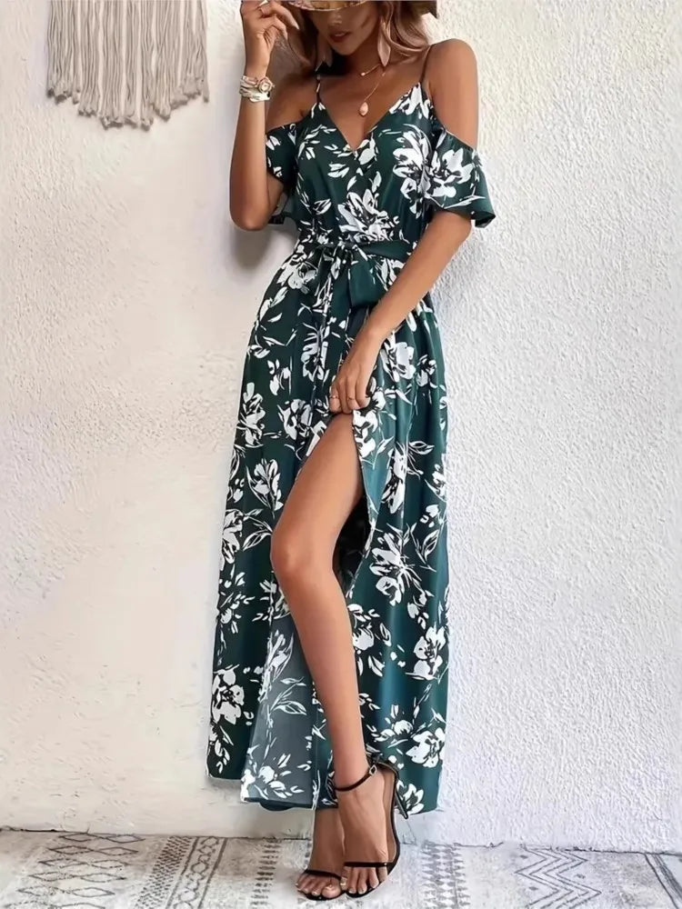 New Summer Women Print Dress 2025 Fashion Elegant  Vacation Party Short Sleeve Slim V-neck Slit Long Dresses Vestidos Para Mujer