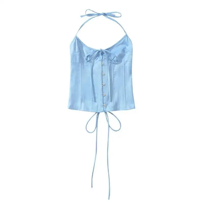 Vietnamese Sexy Backless Halter Neck Camisole For Women Niche Deep V-neck With Hook And Fishbone Waist-cinching Satin Top 02BG