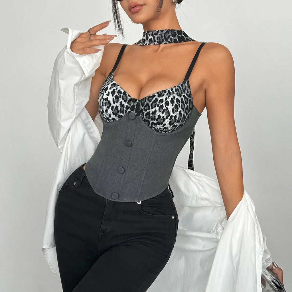 Phantasy Fashion Leopard Women's Tanks Sexy Button up Crop Top Hotsweet Fishbone Camisole Lady Night club Dress up Summer Outfit
