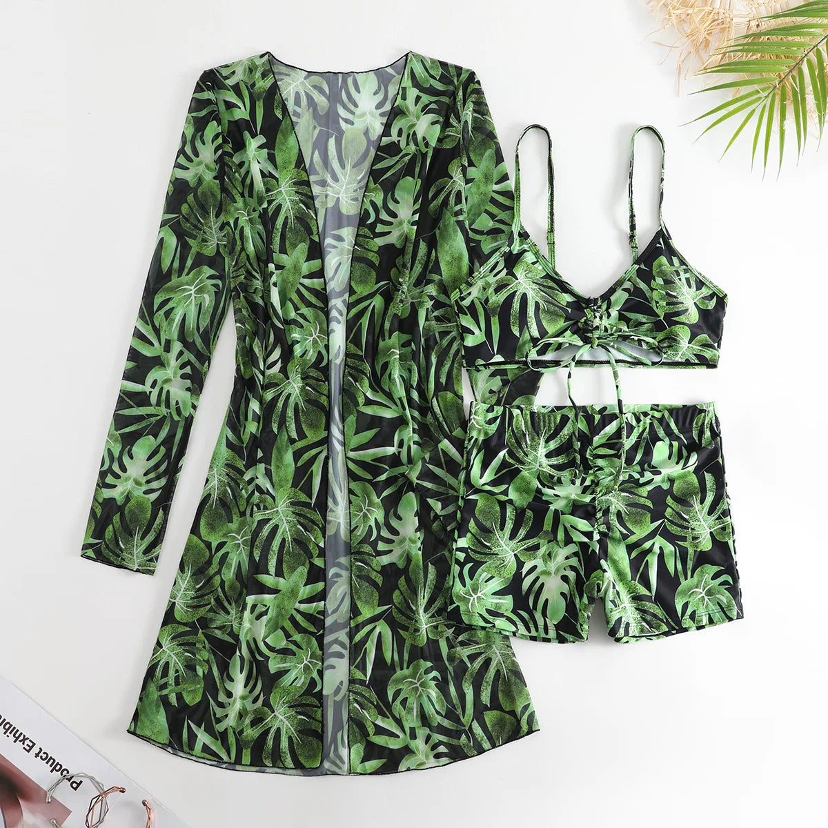 New Sexy 3 Pieces Suit for Women Neck Hanging Bikini Set+Cover-up Swimwear Sunproof Tankini High Waist Shorts Swimsuit Beachwear