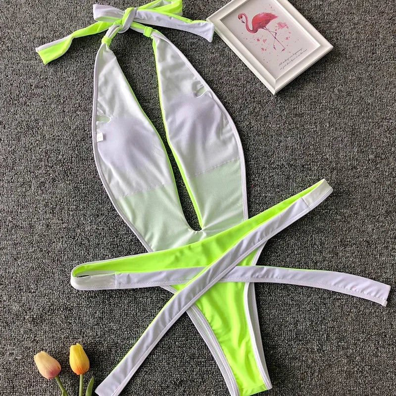 2025 Deep V Female Halter Swimwear One Piece Swimsuit Women Backless Monokini High Cut Wrap Around Bathing Suit Swim Bodysuit