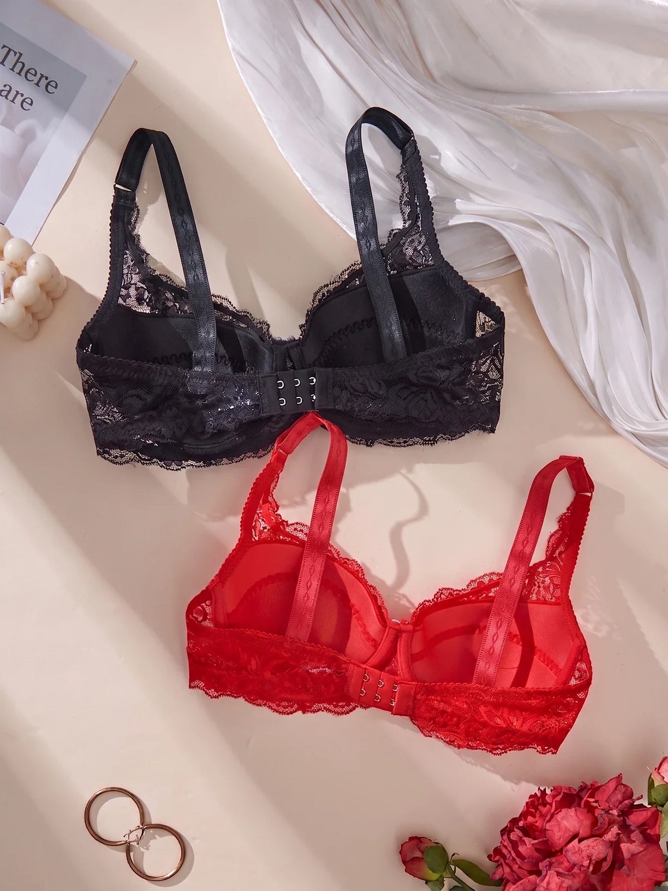 2Pcs/Set Lace Bra for Women Sexy Underwire Push-Up Bra Breathable Mesh Thin Soft Lingerie Adjustable No Lining Women's Bra