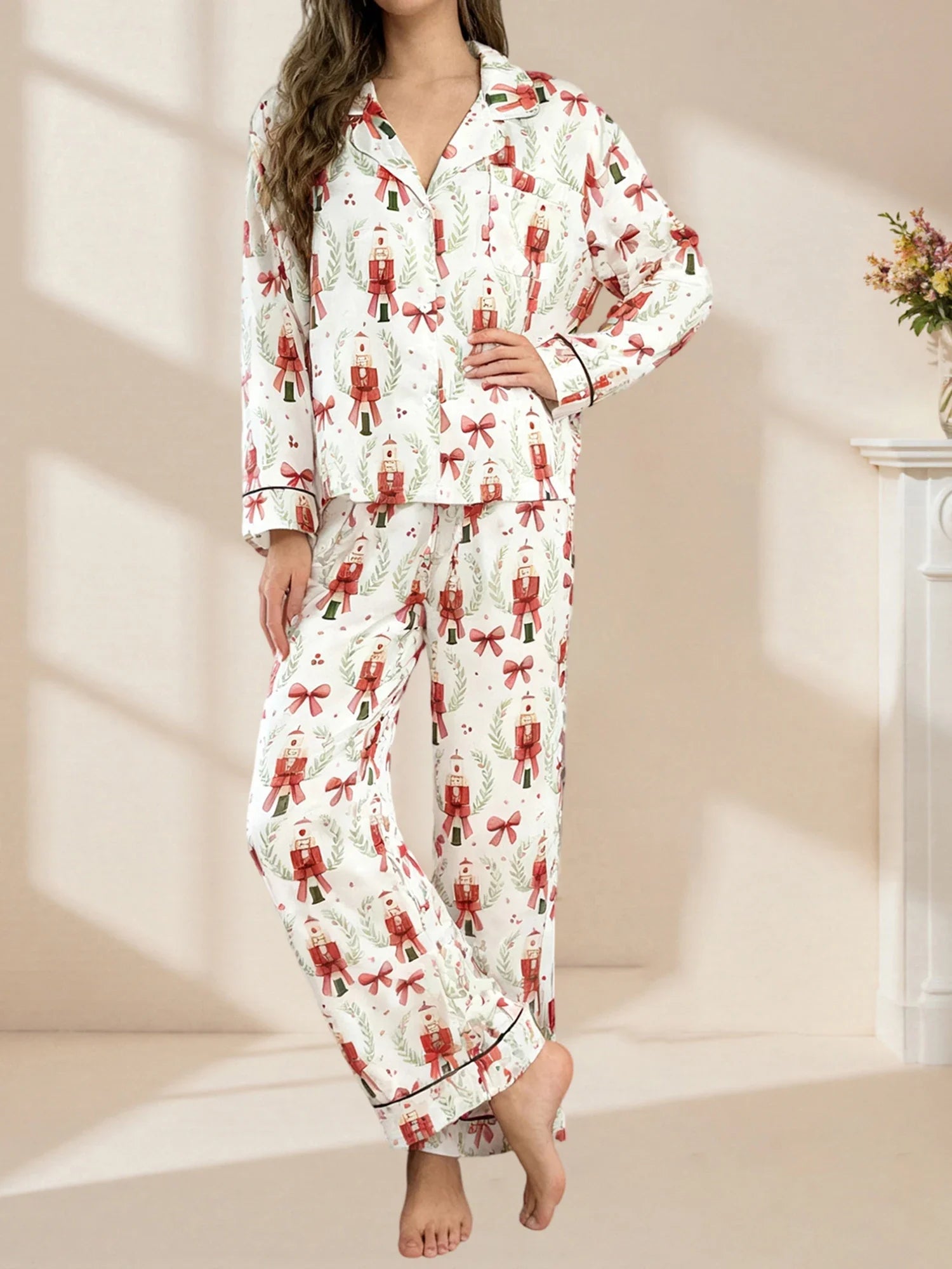 Women’s 2025 Christmas Pajamas Set Long Sleeve Oversized Button Down Shirt and Long Pants Two Pieces Loungewear