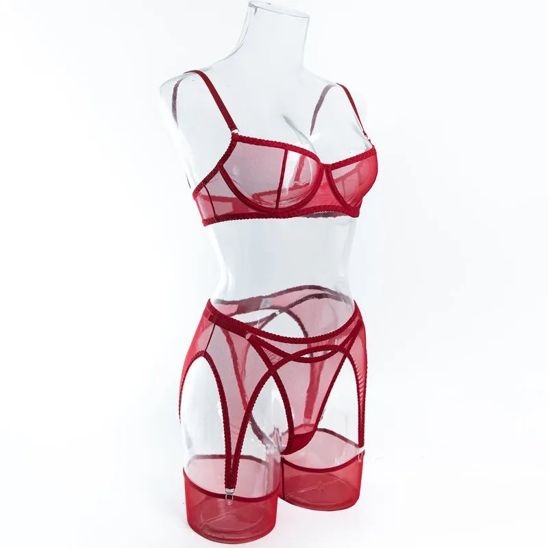 Toucheart Erotic Lingerie Comfortable Mesh Sexy Body Shaping Ultra-thin See-through Sexy Underwear Four-piece Set with Stockings