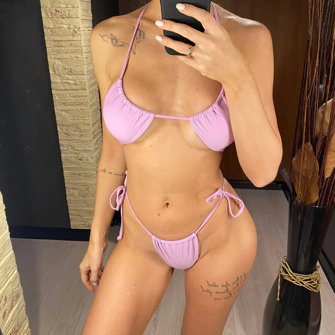 Sexy 11 Color Halter Mini Micro Thong Bikini Female Swimsuit Women Swimwear Two-pieces Bikini set Bather Bathing Suit Swim V4064