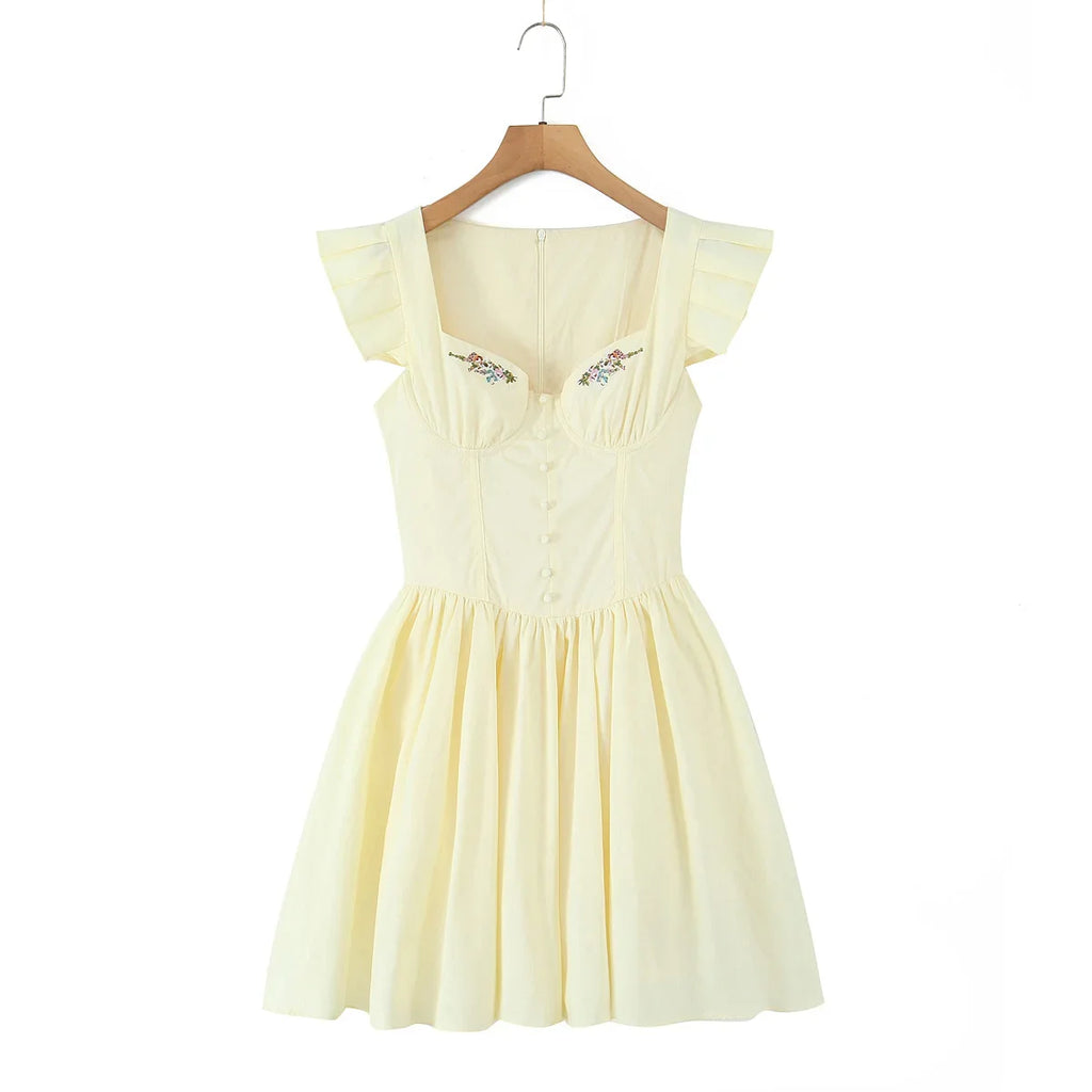 Floral Embroidery Cotton Summer Women's Dress Sleeveless Buttons Decor Short Mini Dress Elegant Yellow A-line New in Dress 2025