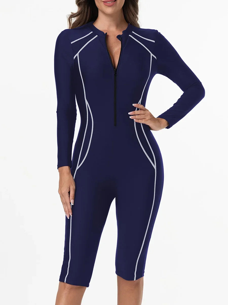 2026 Zipper Slim One Piece Swimsuit Women Long Sleeve & Knee Swimwear Female Bather Bathing Swimming Swim Surf Suit Beachwear