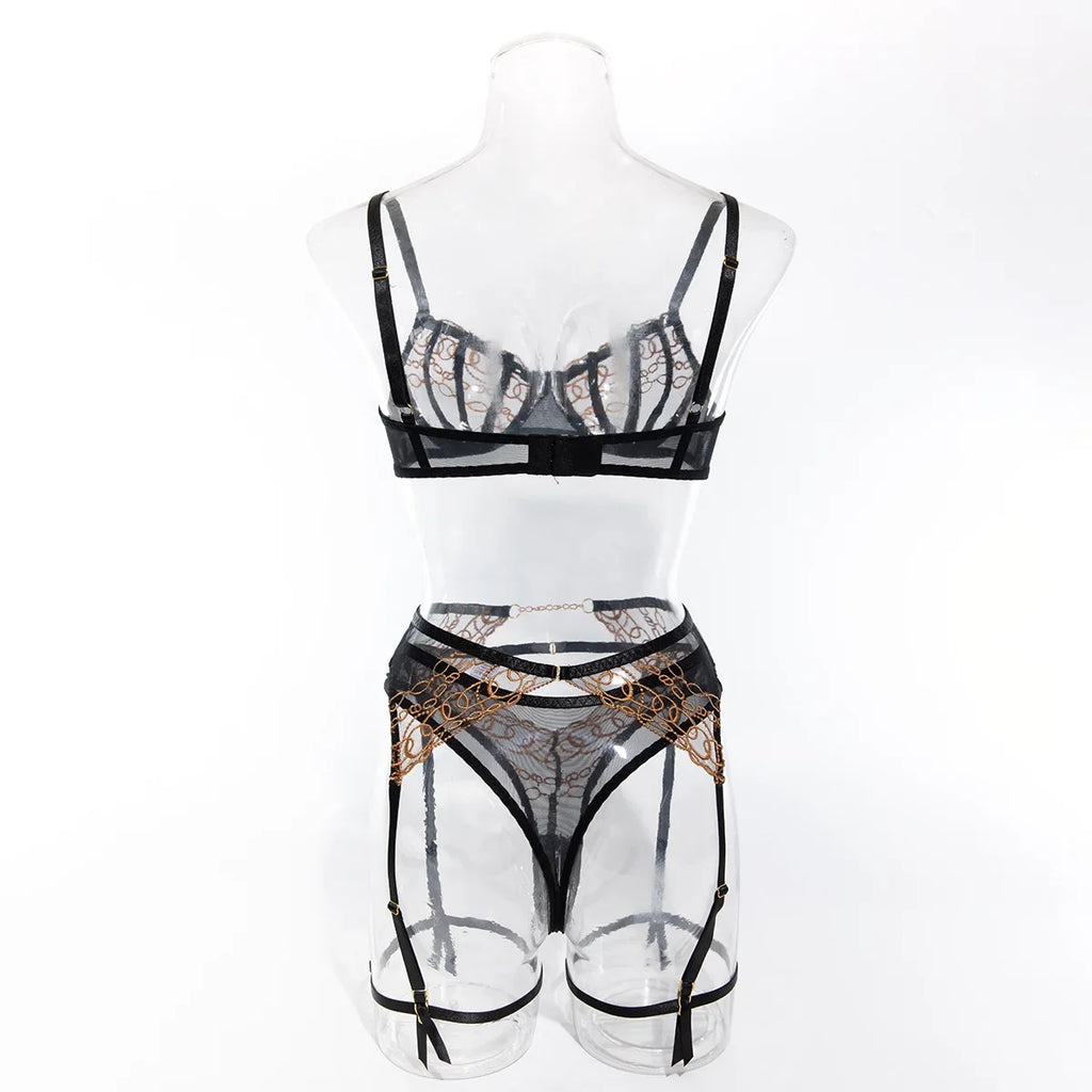 Toucheart4PCS Lace Golden Embroidery Sexy Underwear Set Slim Exposed Navel See-through Hollow Out Interesting Steelring Bralette