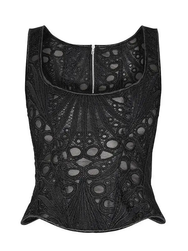 Lace Double Layer Fitted Corset Casaul Style Waist Trainer Mesh Solid Color Hollow Out Backless Suspenders Sleeveless Top CSSX