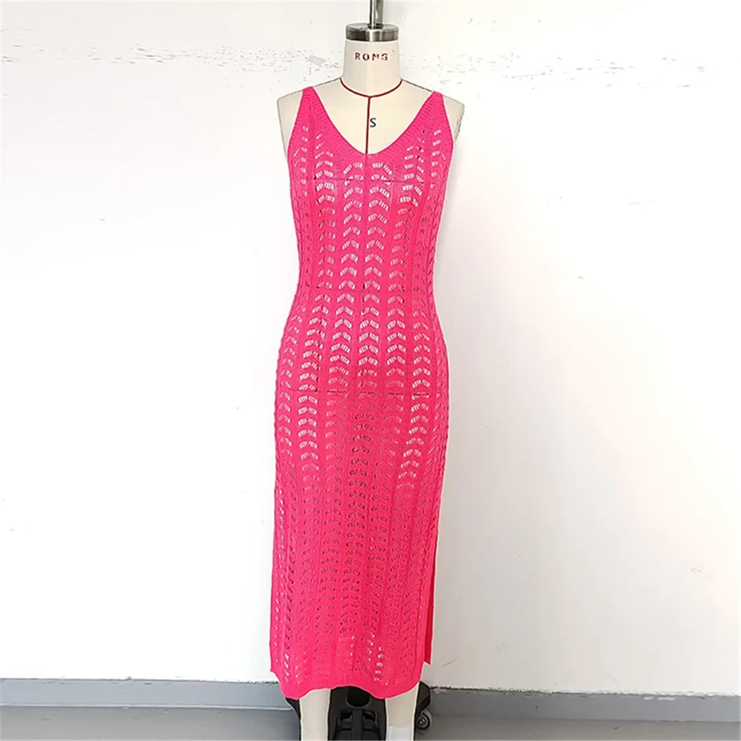 4 Color Hollow Out Sleeveless Crochet Knitted Tunic Beach Cover Up Cover-ups Beach Dress Beach Wear Beachwear Female Women K6783