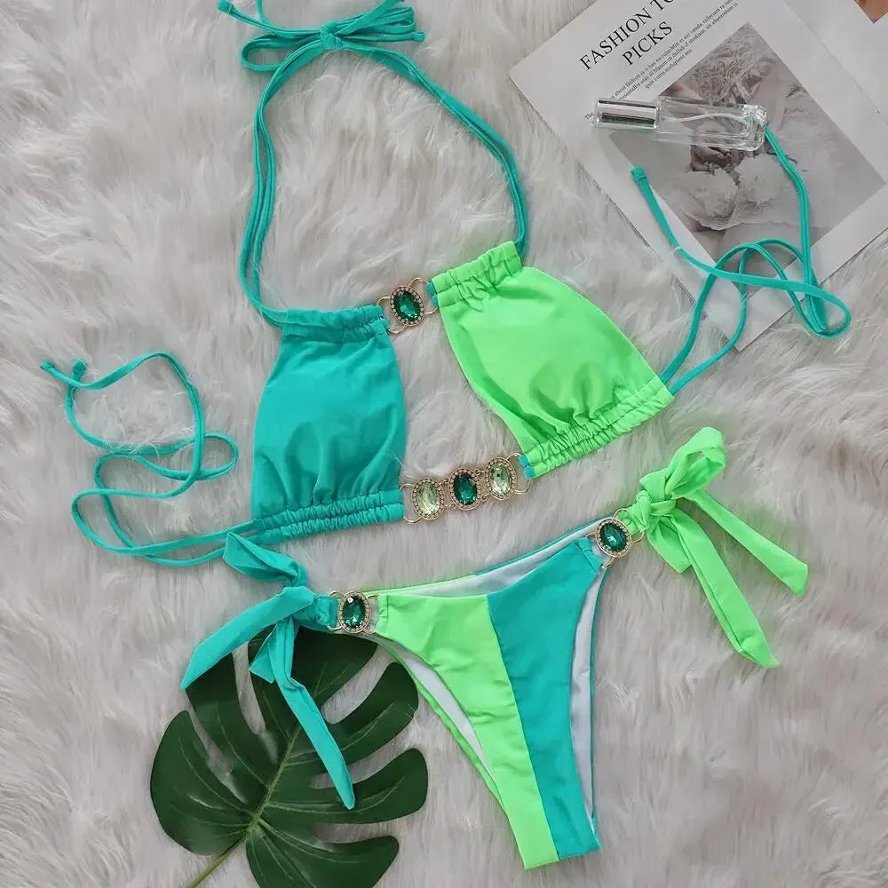 Splicing Halter Jewelled Diamond Bikini 2025 Women Swimsuit Female Swimwear Two Pieces Bikini Set Hollow Out Bathing Suit Swim