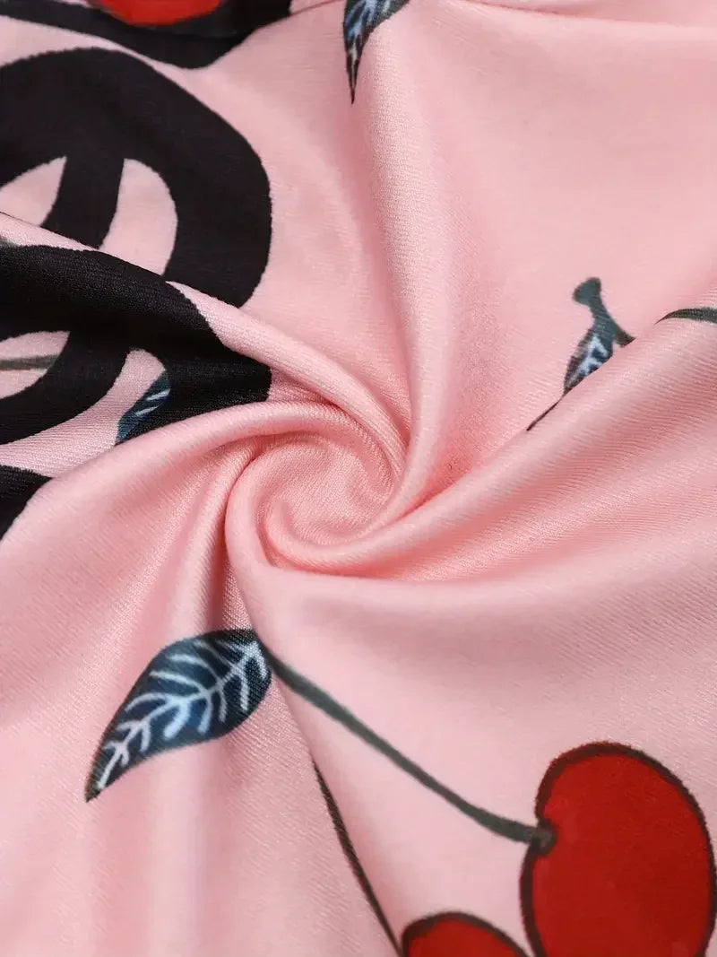 Women's Sexy Onesies Pajamas Casual Cherry Print V-neck Front Button Bodysuits Long Sleeve Slim Fit Jumpsuit Sleepwear