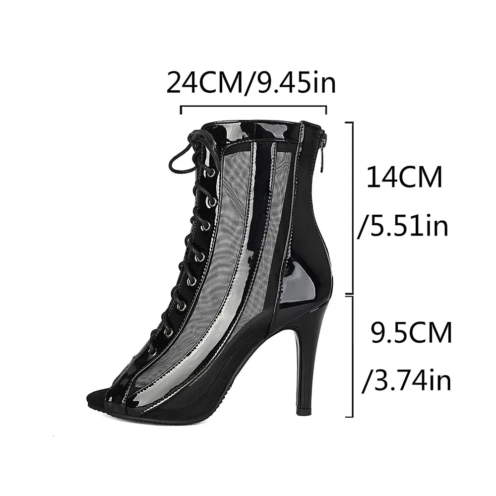 Plus Size Women Patent Leather Mesh Spliced Ankle Boots Back Zipper Peep Toe Lace Up Stiletto High Heels Hollow Out Summer Booti