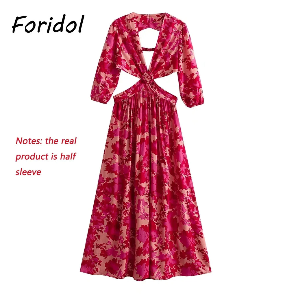 Waist Cut Out Backless Sexy Summer Maxi Dress Elegant Deep V Neck Holiday Long Dress Red Black Boho Floral Dress Women 2025