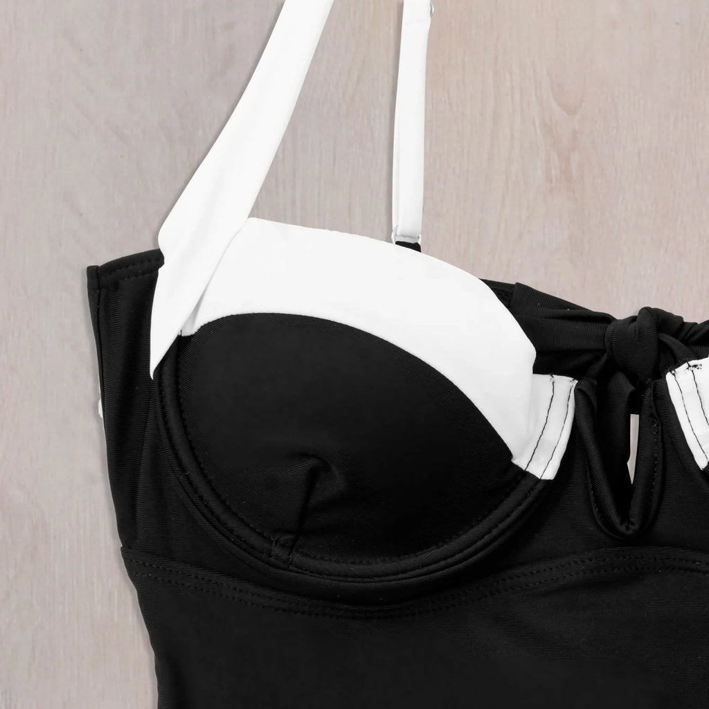 Sexy Black White Patchwork Underwire Swimsuit 2024 Women V Wire Push Up Tummy Control One Piece Swimwear Bathing Suit Bikini