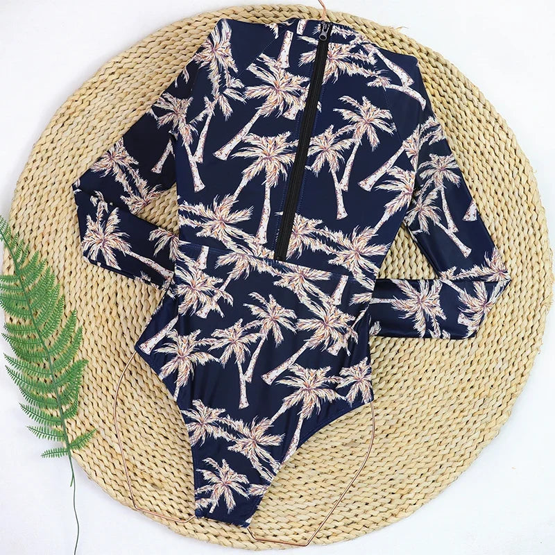 Women's Rashguard Zipper Long Sleeve Surfing Printed Swimsuit Women 2025 One Piece Bodysuit Push Up UV Protection Swimsuit Lady