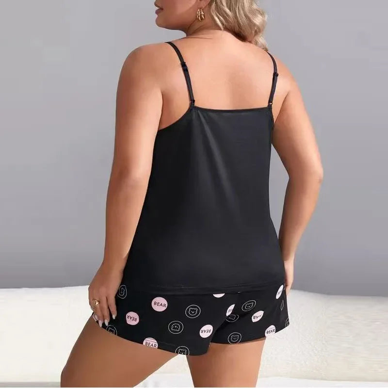 Plus Size Women's Pajamas Set Bear Print Sleeveless Screw Top & Shorts Female 2 Pieces Sleepwear Nightwear Homewear Cloth