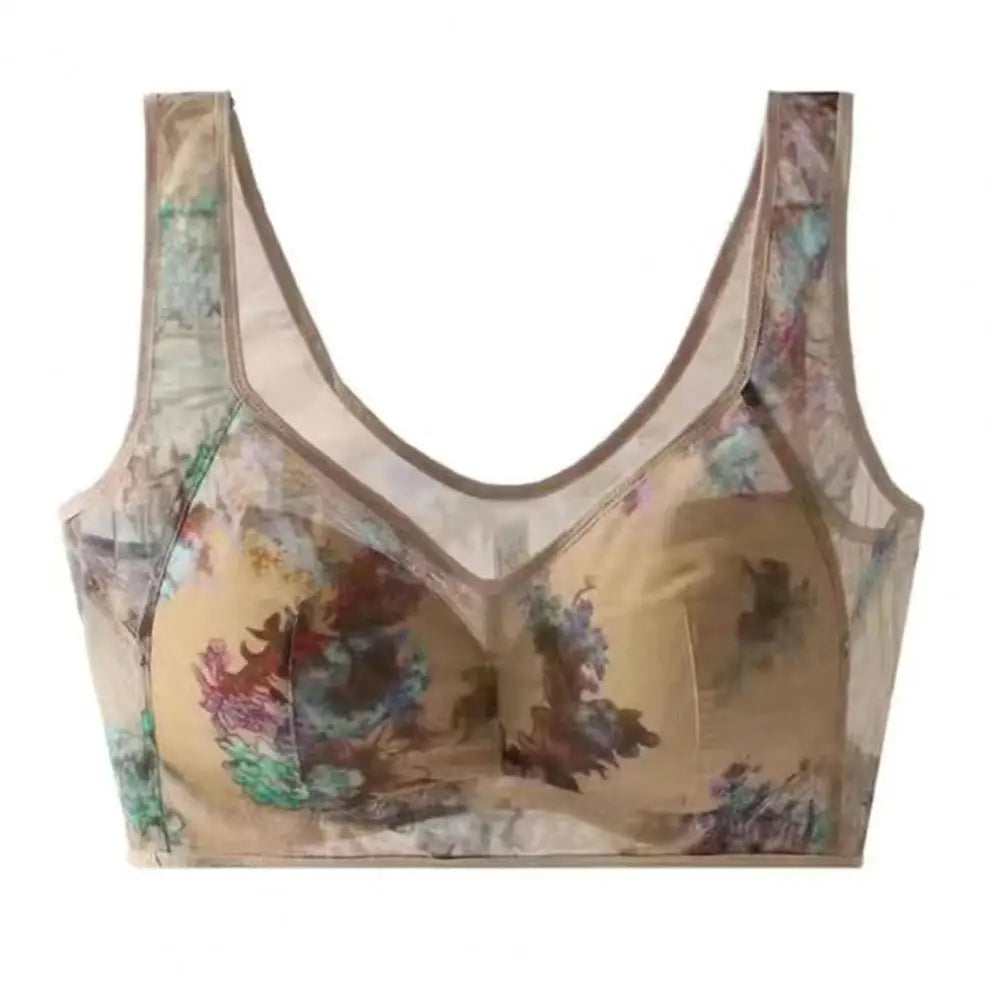 Women Bra Mesh Thin Floral Print Mid-aged Wide Shoulder Strap Wireless Anti-snagging Push Up Seamless Mother Bra