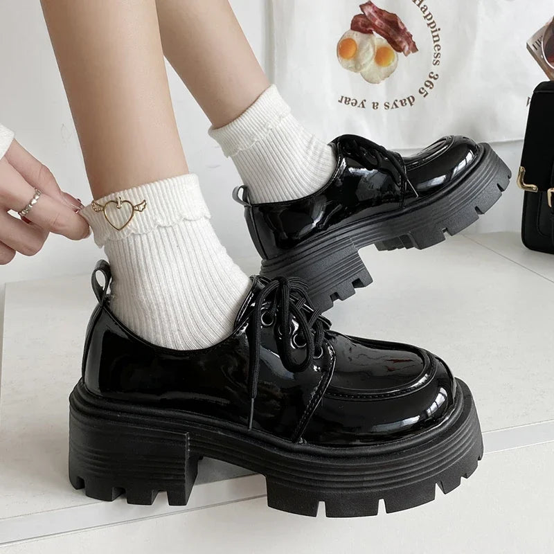 Retro Pu Leather Platform Oxford Shoes Women Japanese Style Thick Sole Black Student Shoes Woman Lace Up Thick Heel Pumps Female