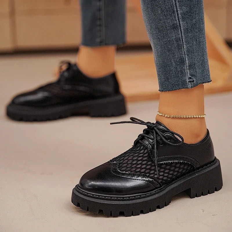 Pu Leather Platform Oxford Shoes Women 2026 Plus Size 42 Lace-Up Single Shoes Woman Comfort Non Slip Thick Sole Student Shoes