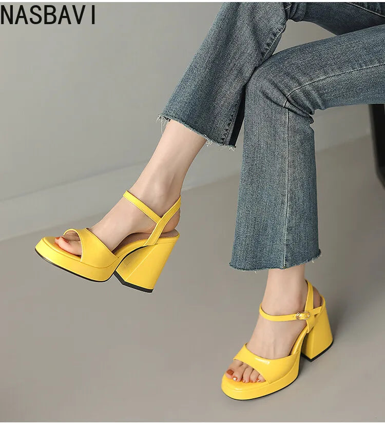 NASBAVI Women Patent Leather Sandals Super Chunky High Heeled Ankle Buckle Shoes Platform Summer Thick Heel Sandal Ladies 35-43